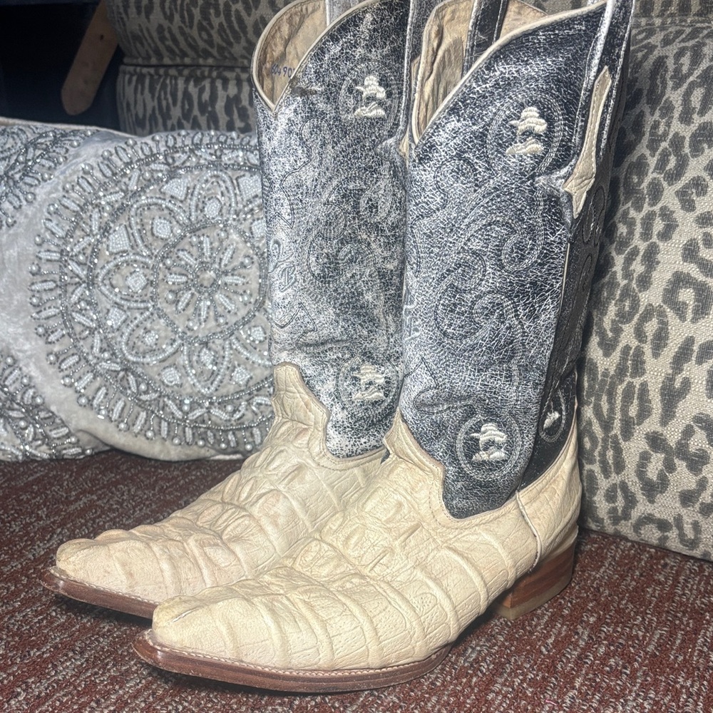 Joe’ cowboy reptile embossed snip toe distressed tan grey western rodeo men’s 8